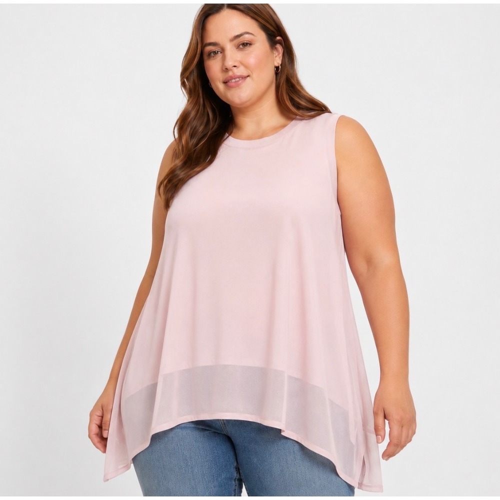 Rebel Womens Sheer Hem Tank Top 3X Round Neck Layered Soft Girl Blush Pink NWT